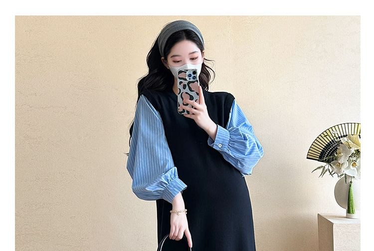 Maternity Long Sleeve Round Neck Striped Mock Two Piece Midi A-Line Dress