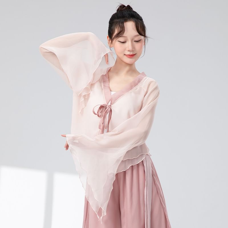 Bell-Sleeve Tie-Front Layered Mesh Dance Top