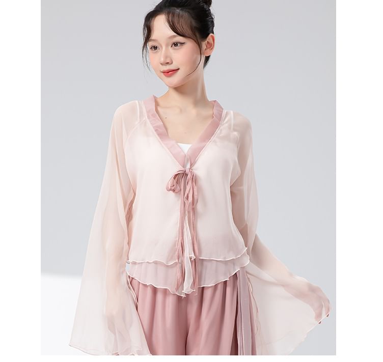 Bell-Sleeve Tie-Front Layered Mesh Dance Top