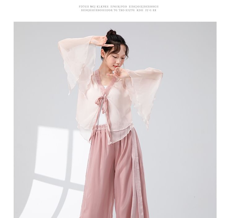 Bell-Sleeve Tie-Front Layered Mesh Dance Top