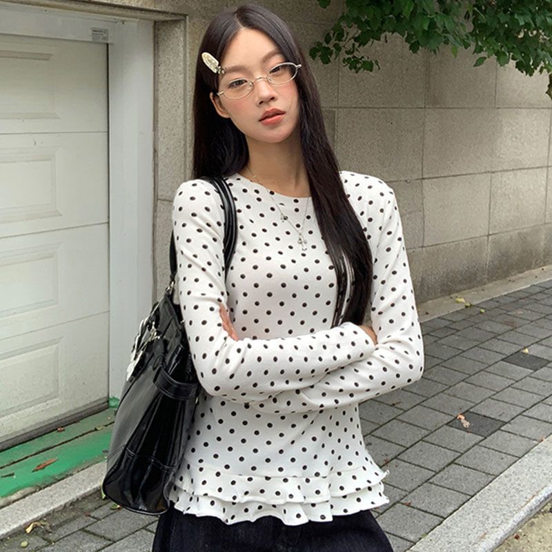 Long Sleeve Polka Dot Ruffled-Trim Slim-Fit Top