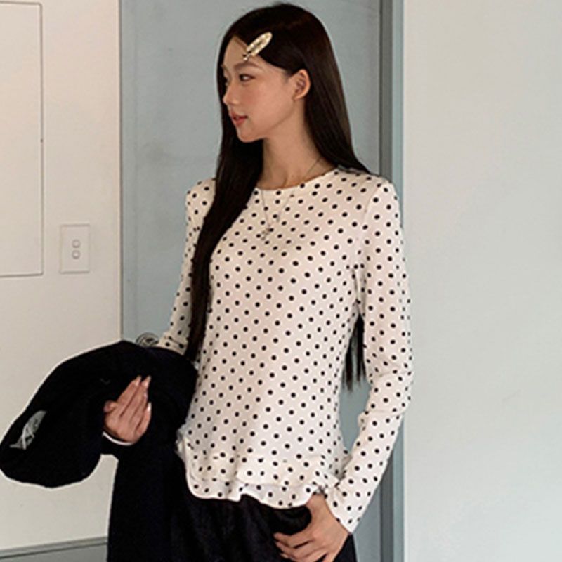 Long Sleeve Polka Dot Ruffled-Trim Slim-Fit Top