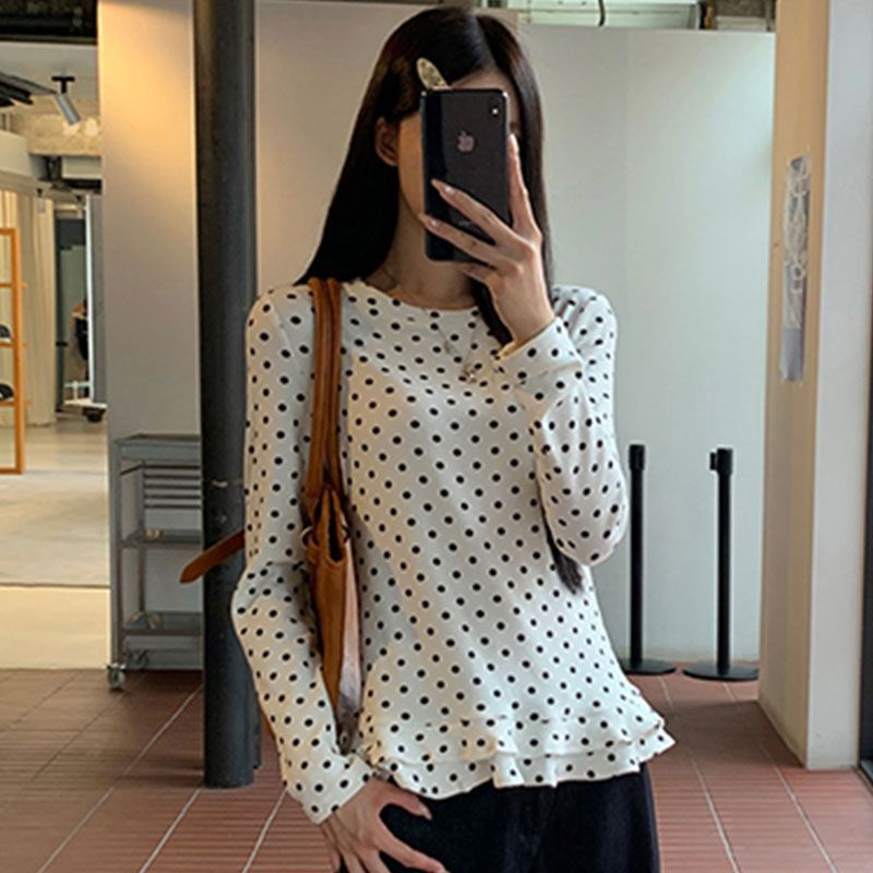 Long Sleeve Polka Dot Ruffled-Trim Slim-Fit Top