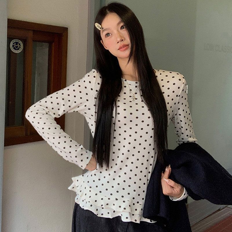 Long Sleeve Polka Dot Ruffled-Trim Slim-Fit Top