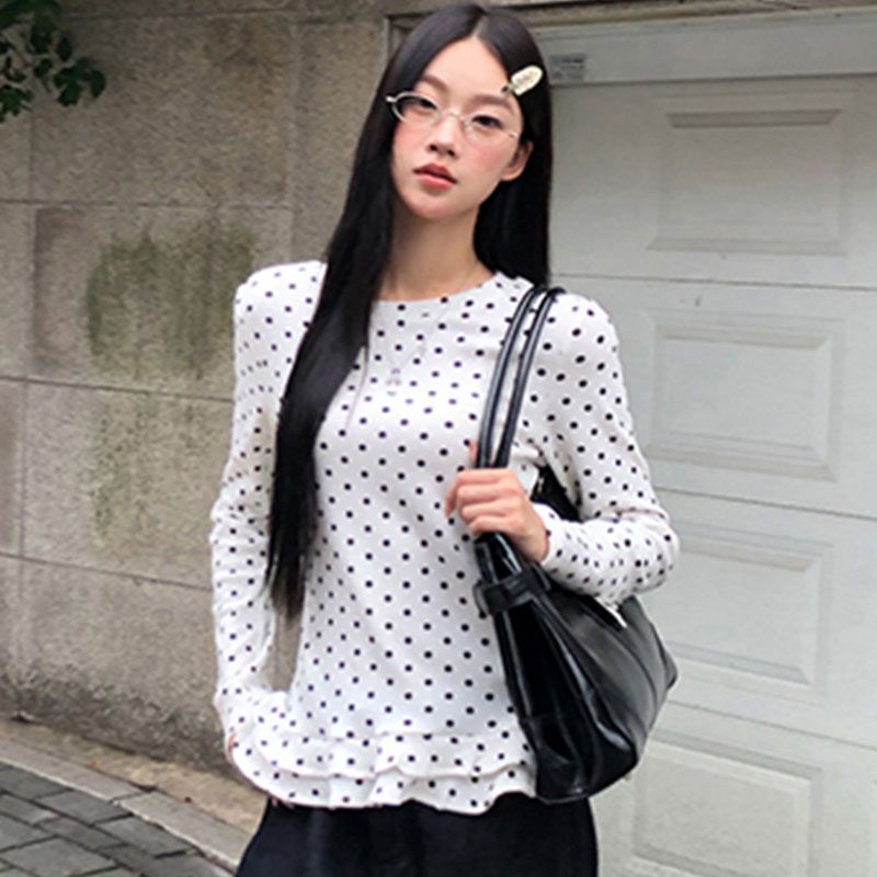 Long Sleeve Polka Dot Ruffled-Trim Slim-Fit Top