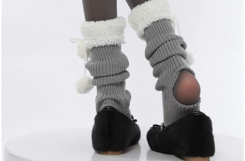 Pom Pom Fleece Panel Ribbed Knit Leg Warmers