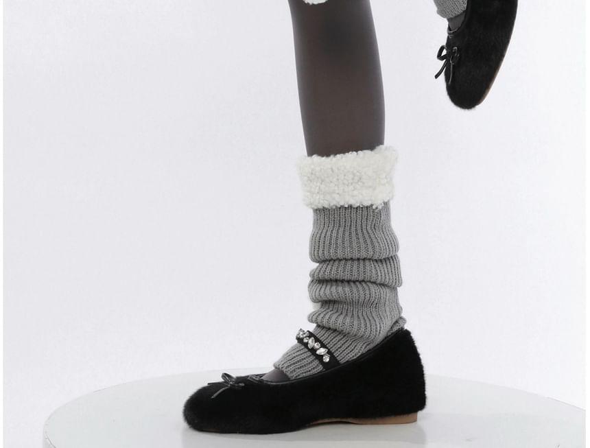 Pom Pom Fleece Panel Ribbed Knit Leg Warmers