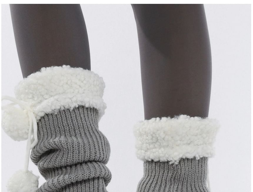 Pom Pom Fleece Panel Ribbed Knit Leg Warmers