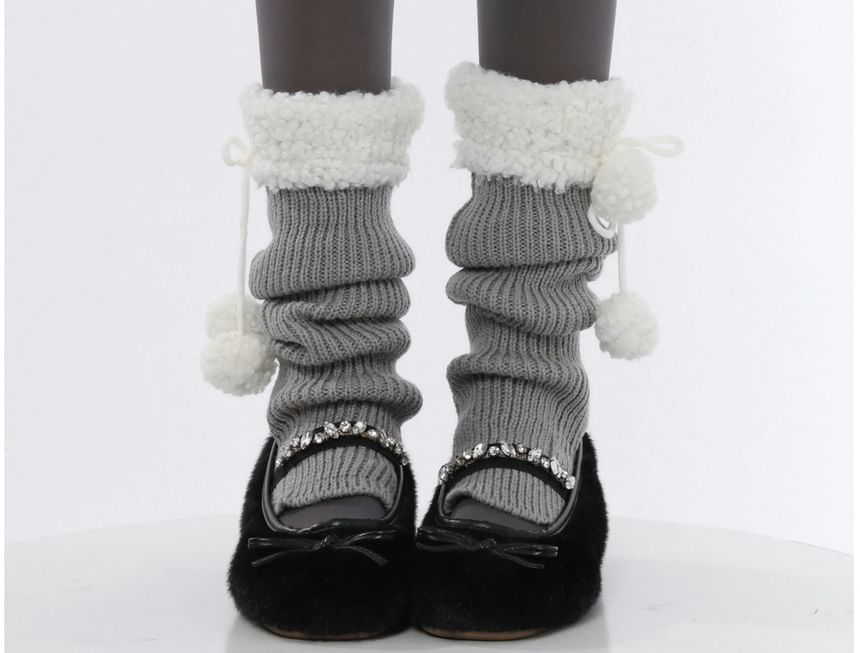 Pom Pom Fleece Panel Ribbed Knit Leg Warmers