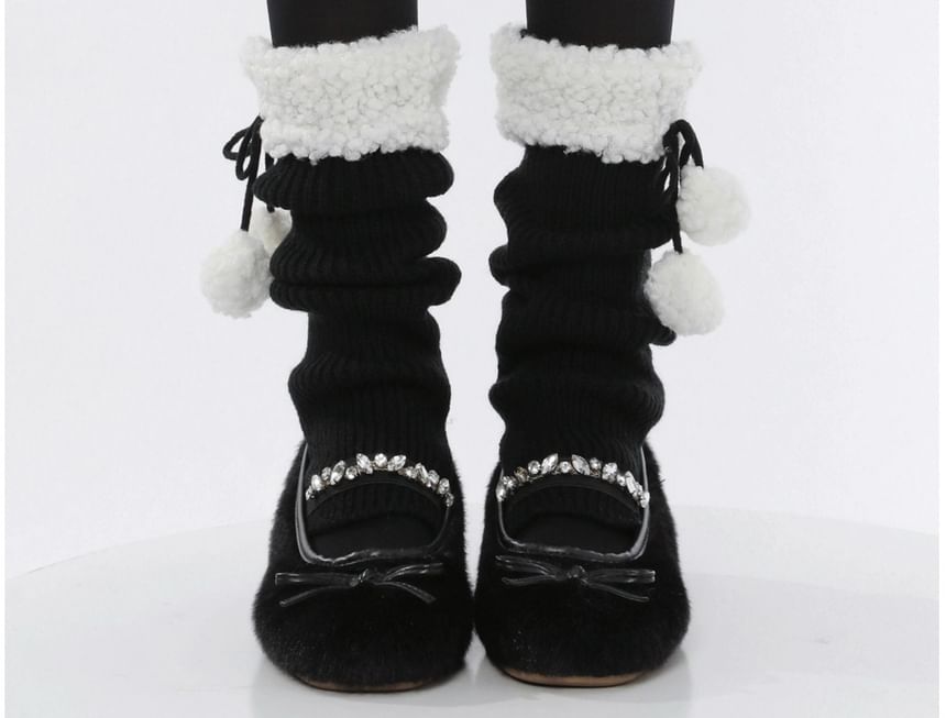 Pom Pom Fleece Panel Ribbed Knit Leg Warmers