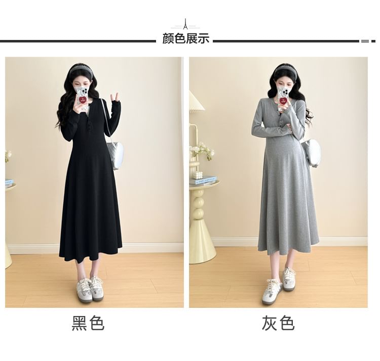 Maternity Long-Sleeve Henley Contrast Trim Midi A-Line Dress
