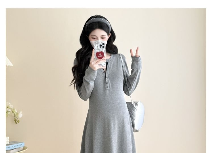 Maternity Long-Sleeve Henley Contrast Trim Midi A-Line Dress