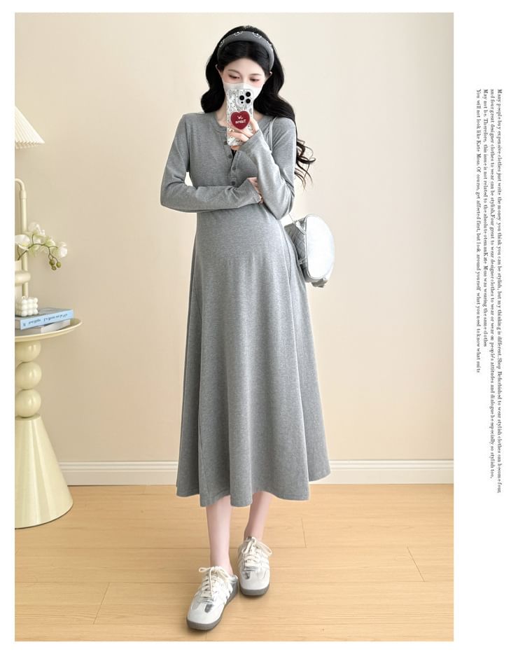 Maternity Long-Sleeve Henley Contrast Trim Midi A-Line Dress