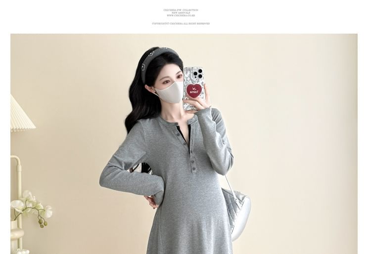 Maternity Long-Sleeve Henley Contrast Trim Midi A-Line Dress