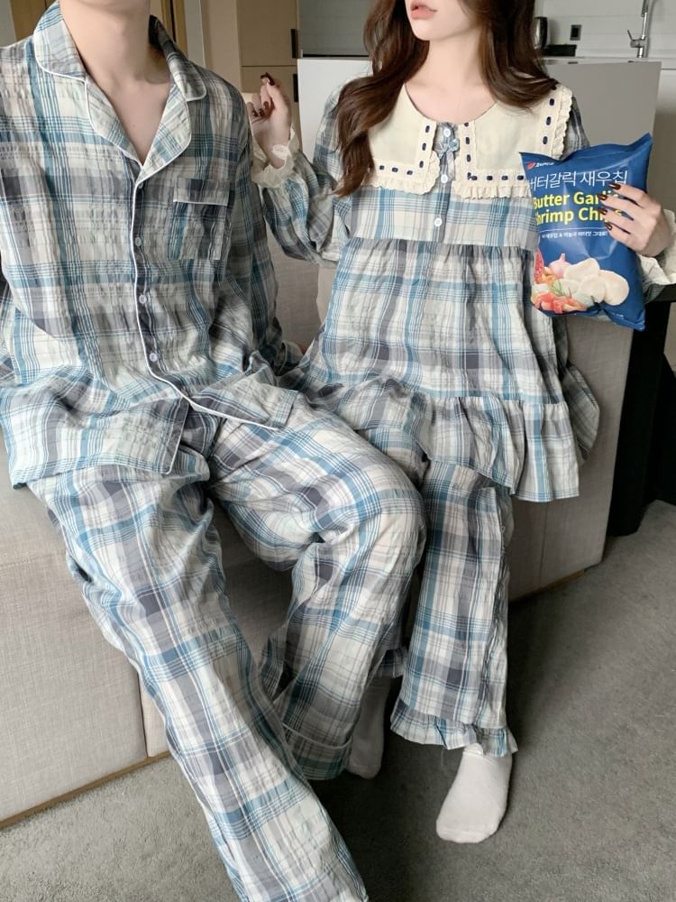 Couple Matching Long Sleeve Contrast Collar Plaid Ruffle Pajama Dress / Long Sleeve Blouse / Shirt / Straight Leg Pants / Set (Various Designs)