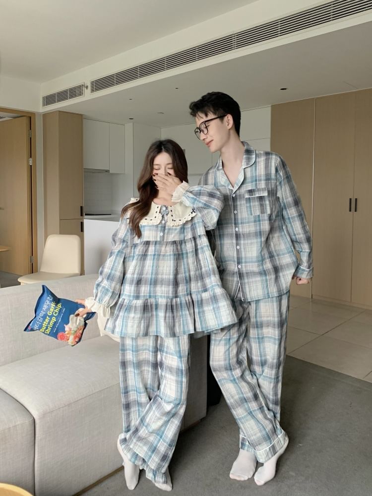 Couple Matching Long Sleeve Contrast Collar Plaid Ruffle Pajama Dress / Long Sleeve Blouse / Shirt / Straight Leg Pants / Set (Various Designs)