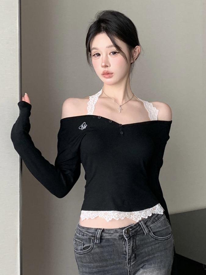 Mock Two-Piece Long-Sleeve Halter Neck Top