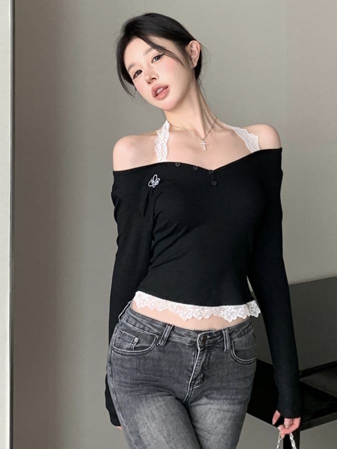 Mock Two-Piece Long-Sleeve Halter Neck Top