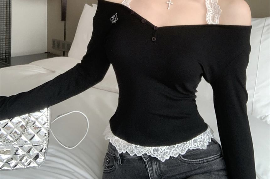 Mock Two-Piece Long-Sleeve Halter Neck Top