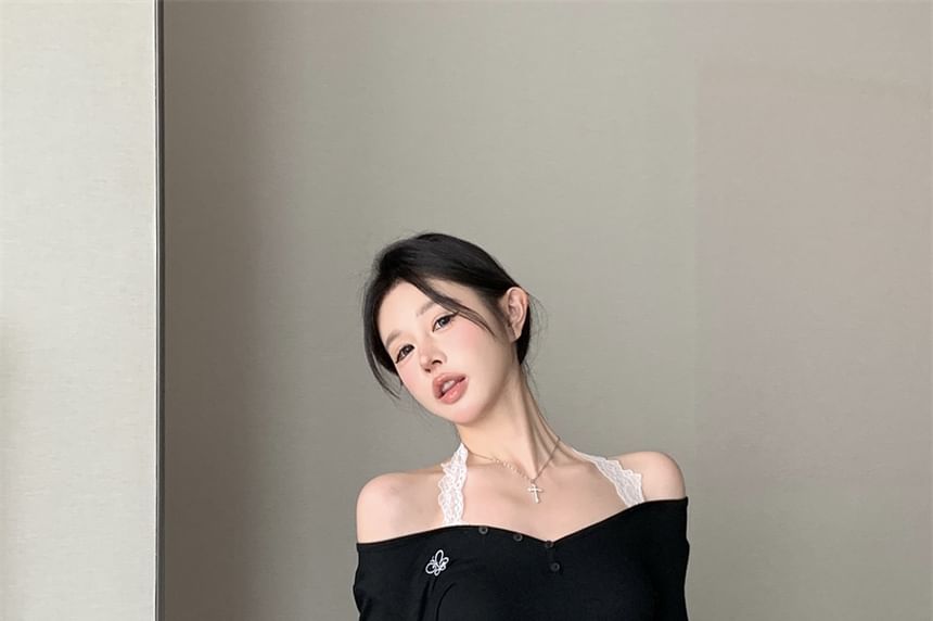 Mock Two-Piece Long-Sleeve Halter Neck Top