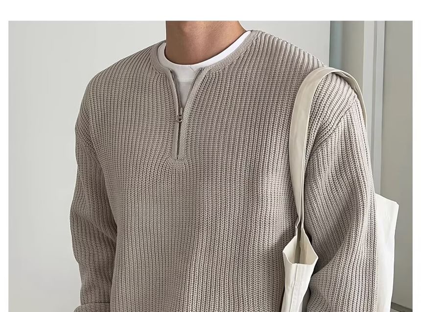 Long-Sleeve Half Zip Plain Knit Top