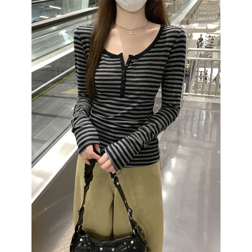 Long-Sleeve Striped Henley T-Shirt