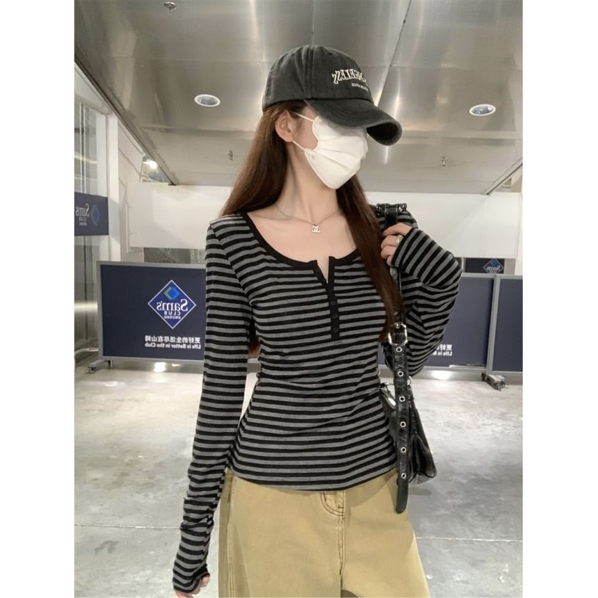 Long-Sleeve Striped Henley T-Shirt