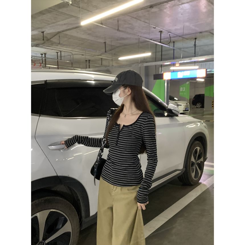 Long-Sleeve Striped Henley T-Shirt