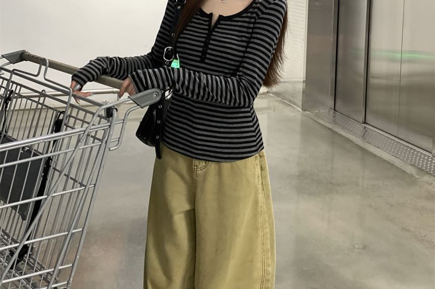 Long-Sleeve Striped Henley T-Shirt