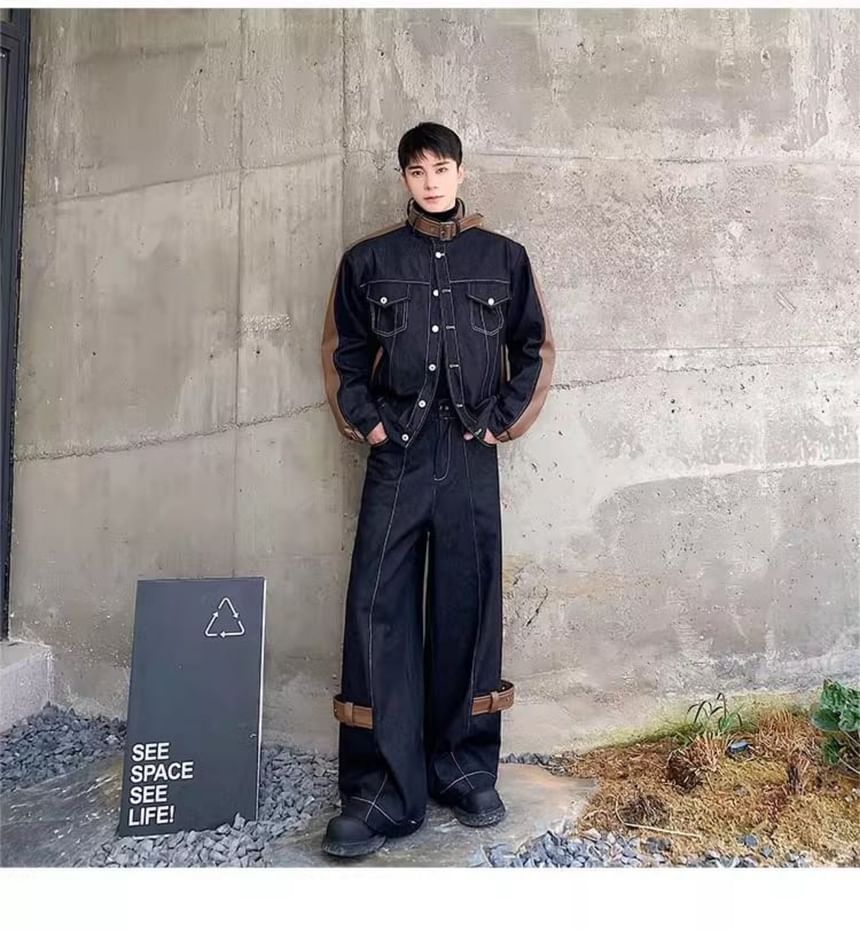 Set: Stand Collar Panel Faux Leather Button Denim Jacket + Mid Rise Straight Leg Jeans