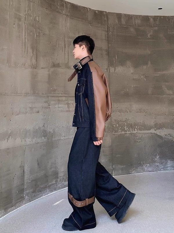 Set: Stand Collar Panel Faux Leather Button Denim Jacket + Mid Rise Straight Leg Jeans