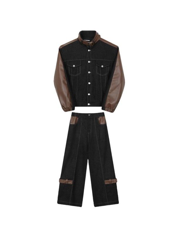 Set: Stand Collar Panel Faux Leather Button Denim Jacket + Mid Rise Straight Leg Jeans