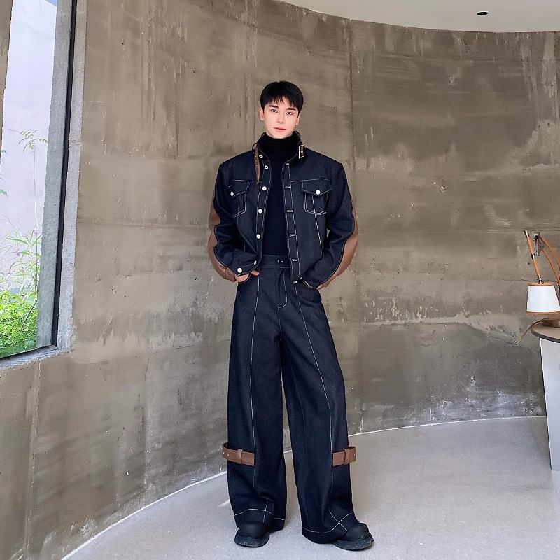 Set: Stand Collar Panel Faux Leather Button Denim Jacket + Mid Rise Straight Leg Jeans