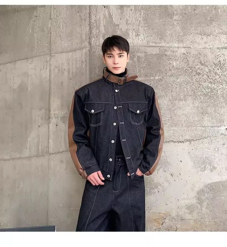 Set: Stand Collar Panel Faux Leather Button Denim Jacket + Mid Rise Straight Leg Jeans