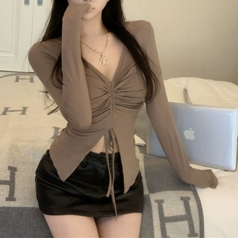 Long-Sleeve V-Neck Plain Drawstring Ruched Slit Crop Top