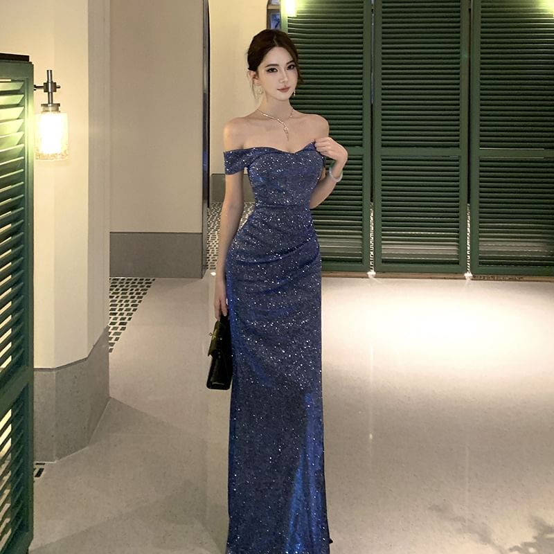 Off Shoulder Sequin Maxi Sheath Dress