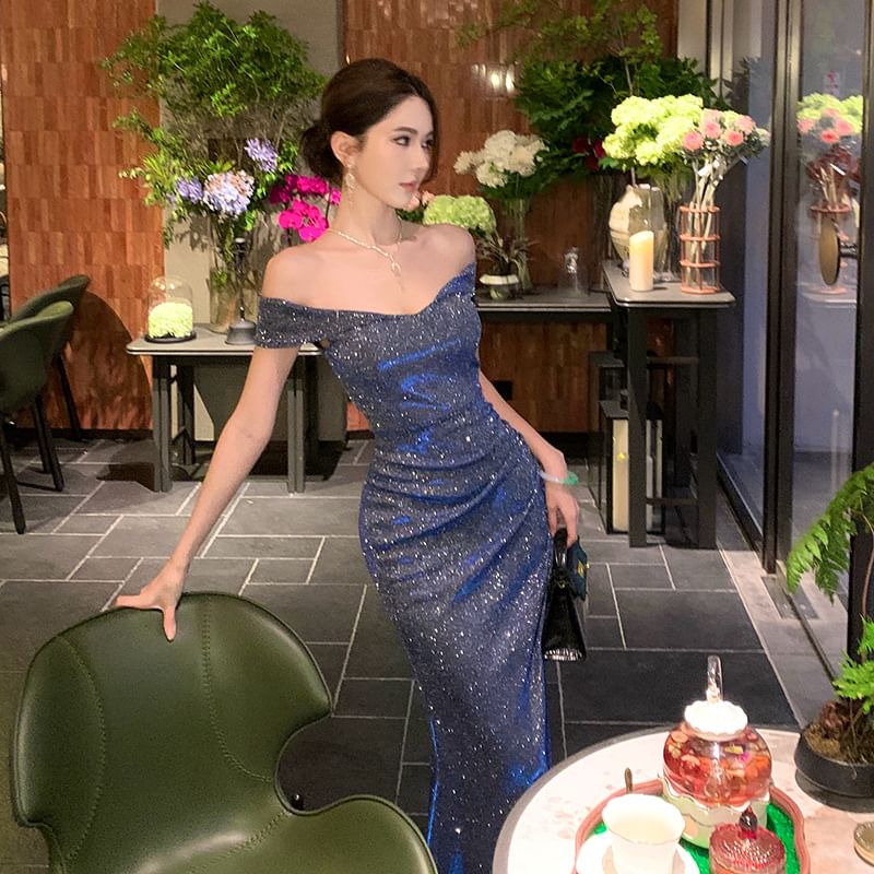 Off Shoulder Sequin Maxi Sheath Dress