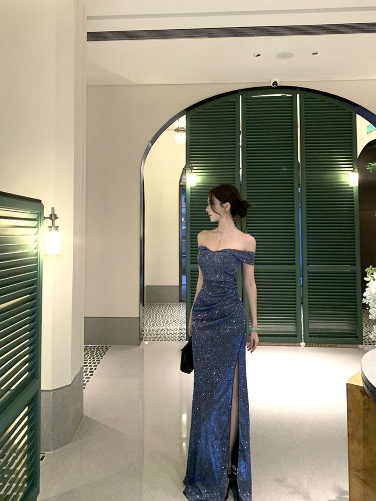 Off Shoulder Sequin Maxi Sheath Dress
