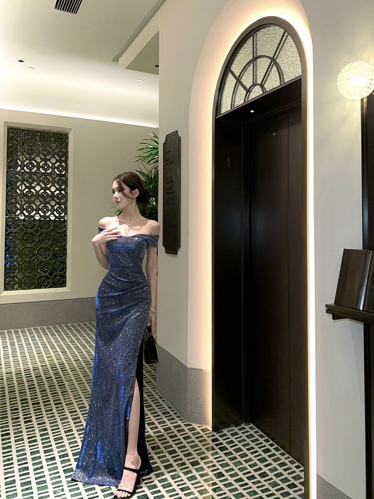 Off Shoulder Sequin Maxi Sheath Dress