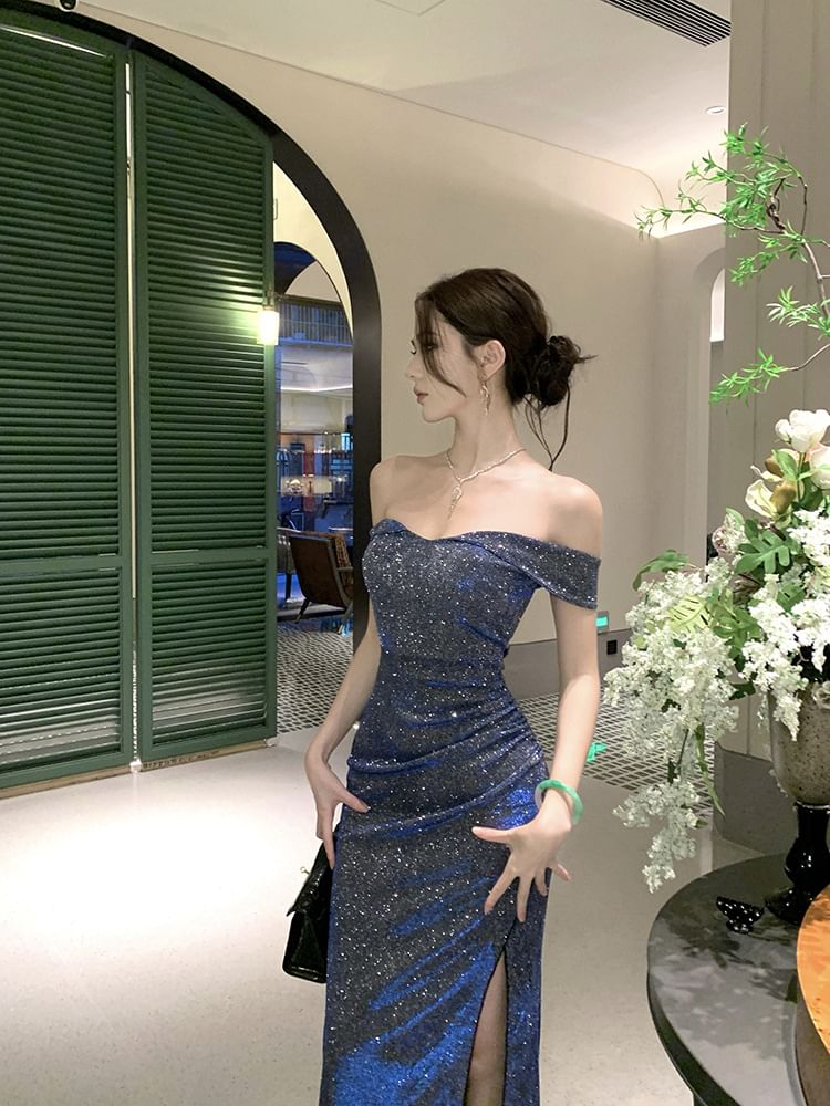 Off Shoulder Sequin Maxi Sheath Dress