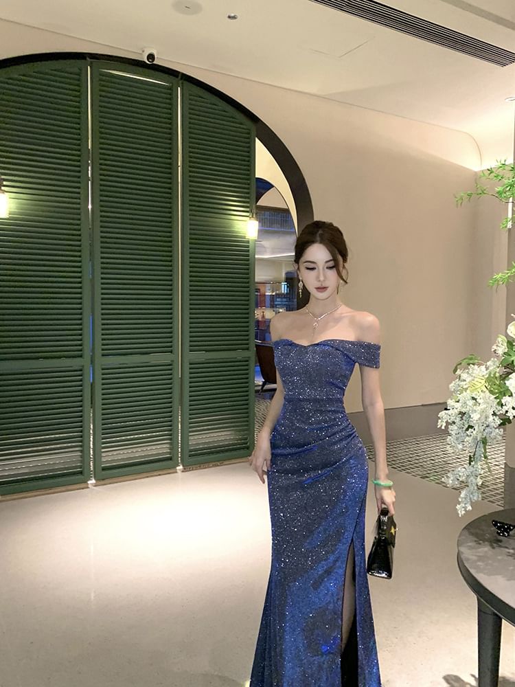 Off Shoulder Sequin Maxi Sheath Dress