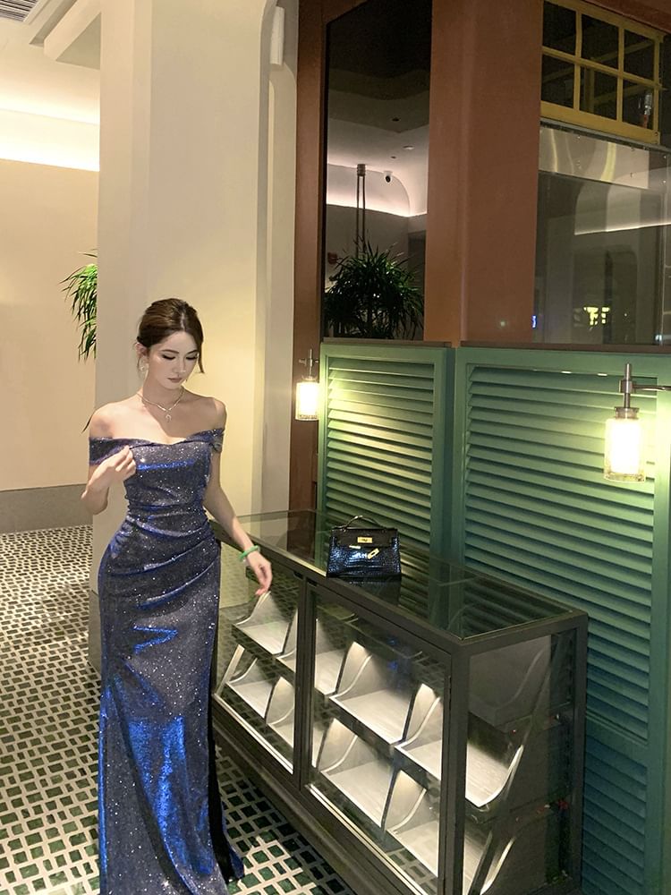 Off Shoulder Sequin Maxi Sheath Dress