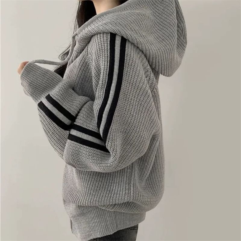 Striped Side Zip-Up Knit Hoodie