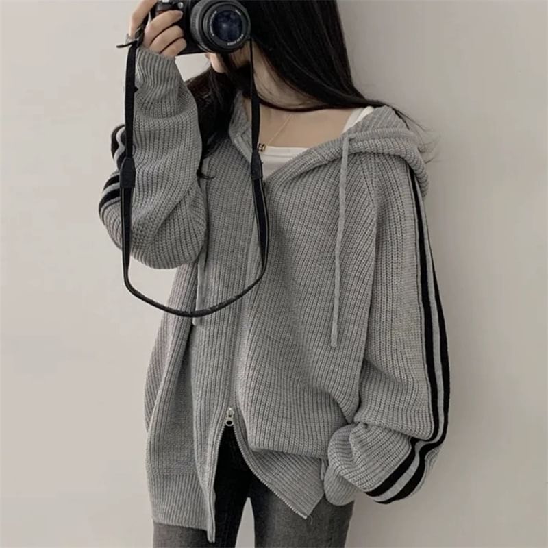 Striped Side Zip-Up Knit Hoodie