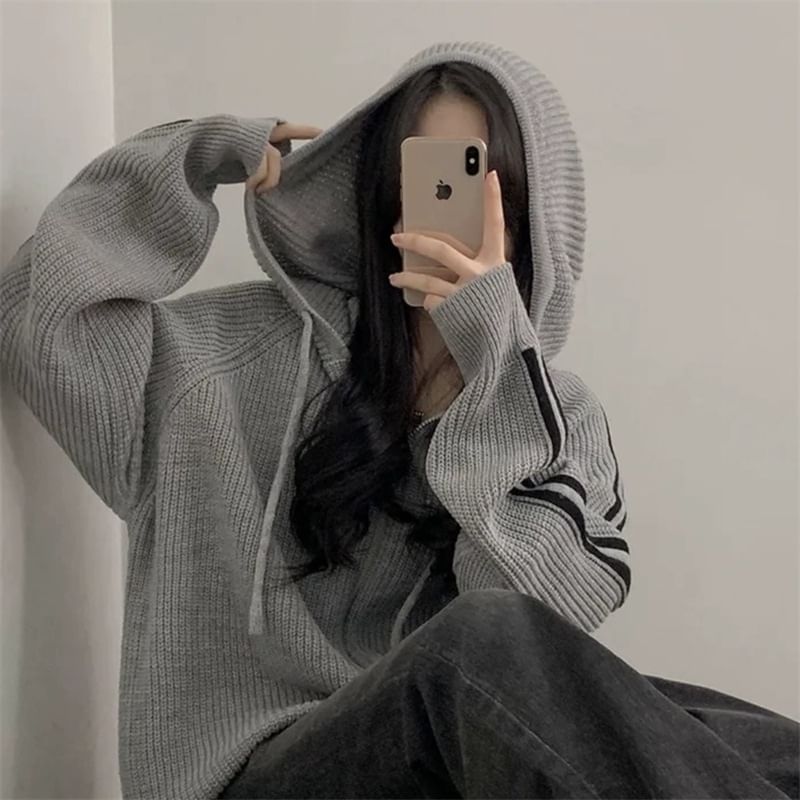 Striped Side Zip-Up Knit Hoodie