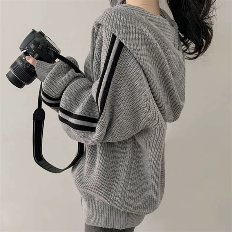 Striped Side Zip-Up Knit Hoodie