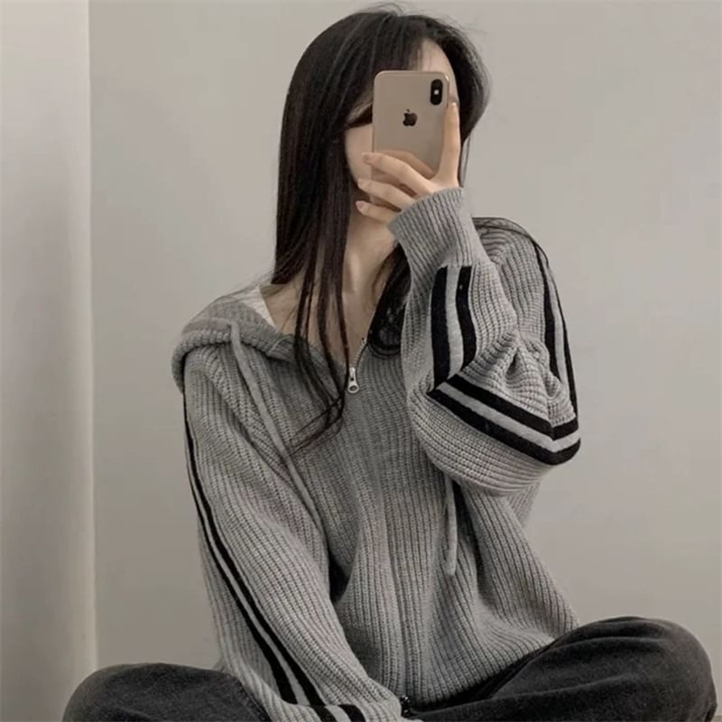 Striped Side Zip-Up Knit Hoodie