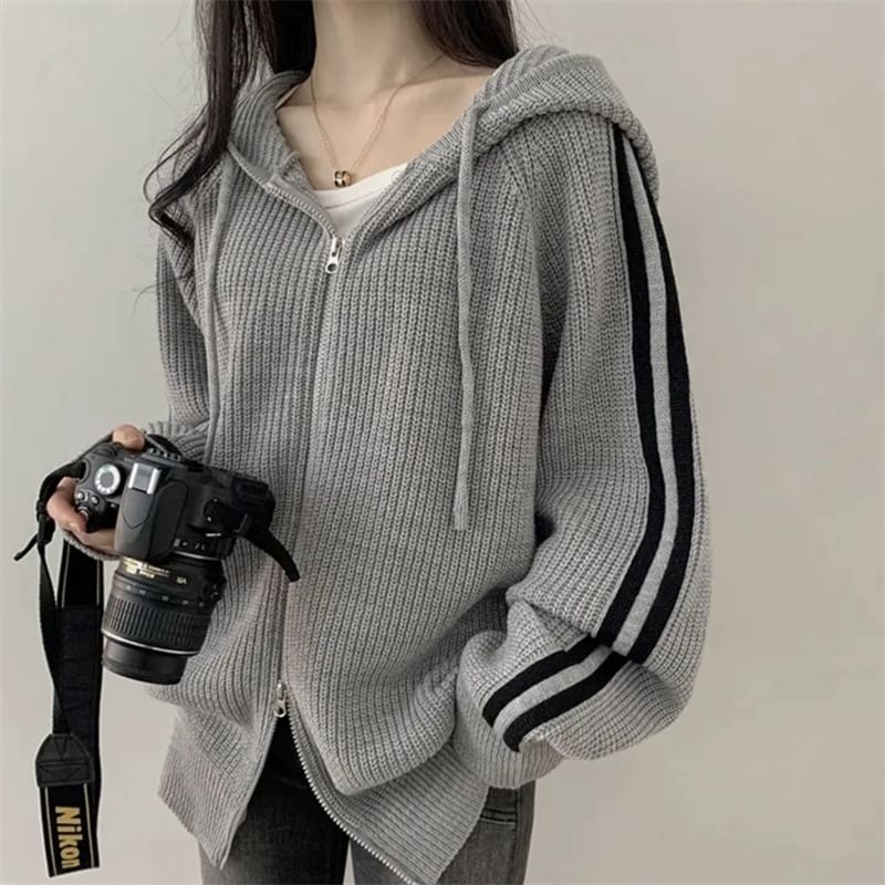 Striped Side Zip-Up Knit Hoodie