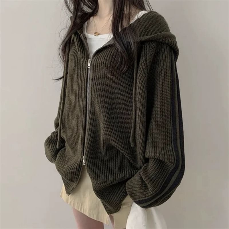 Striped Side Zip-Up Knit Hoodie