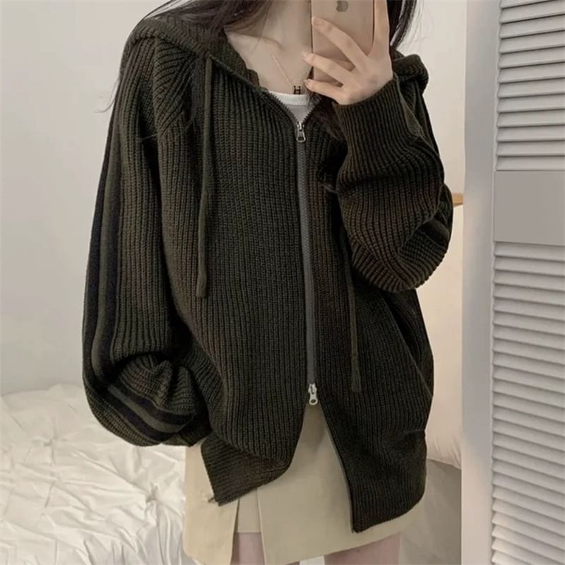 Striped Side Zip-Up Knit Hoodie